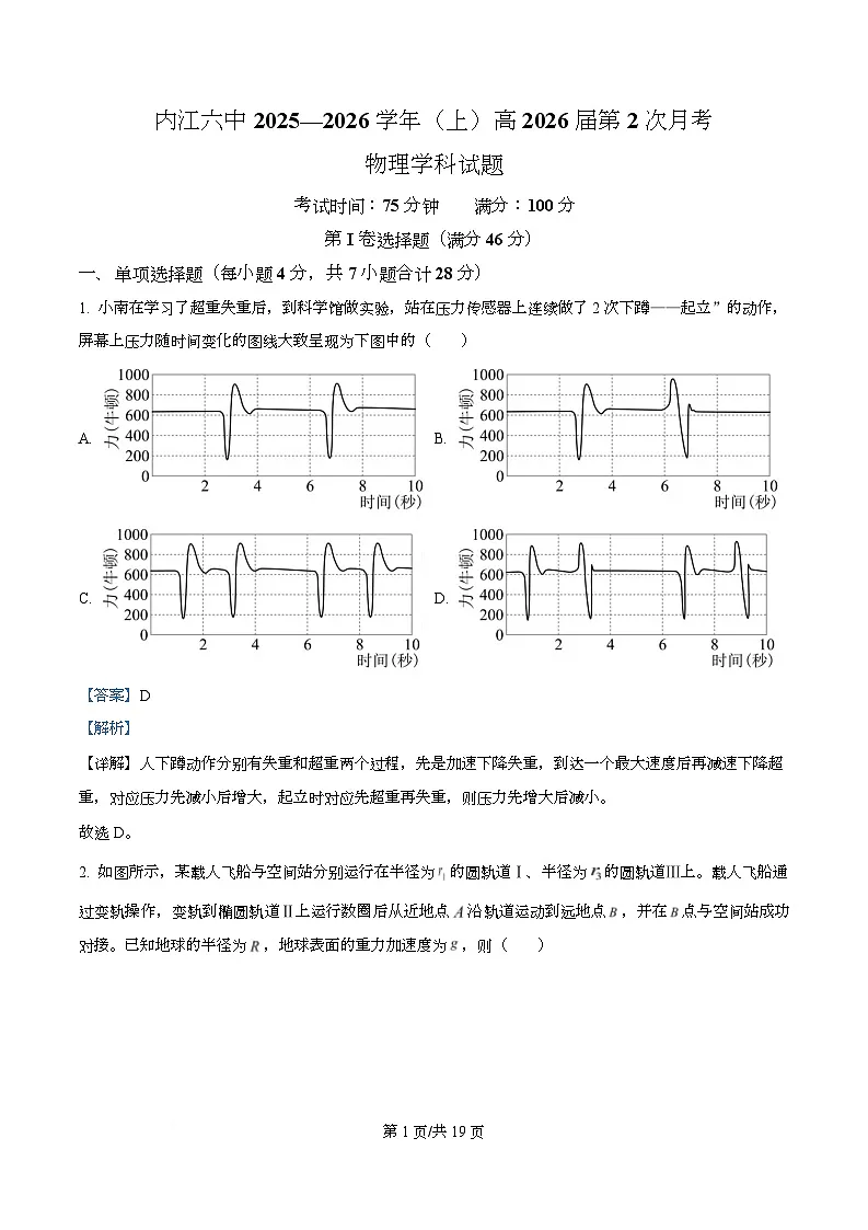 四川省内江市第六中学2026届高三上学期第二次月考物理试题 Word版含解析第1页