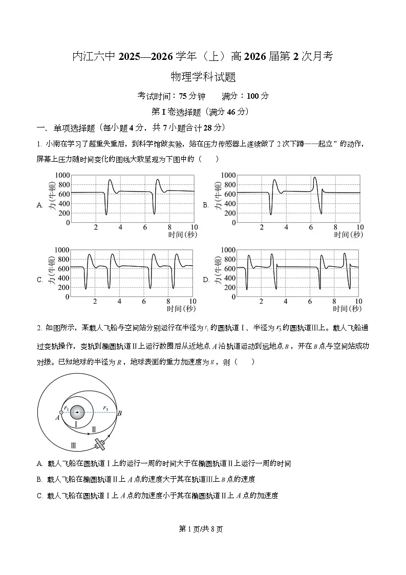 四川省内江市第六中学2026届高三上学期第二次月考物理试题(原卷版)第1页