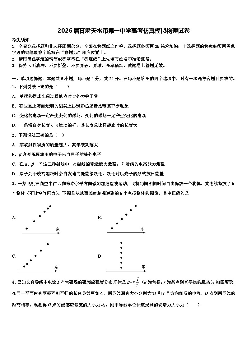 2026届甘肃天水市第一中学高考仿真模拟物理试卷含解析2第1页