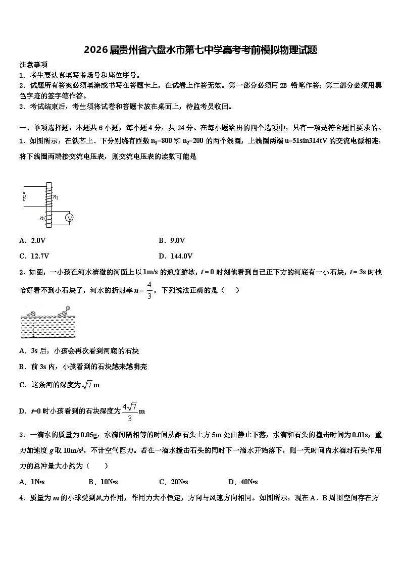 2026届贵州省六盘水市第七中学高考考前模拟物理试题含解析第1页
