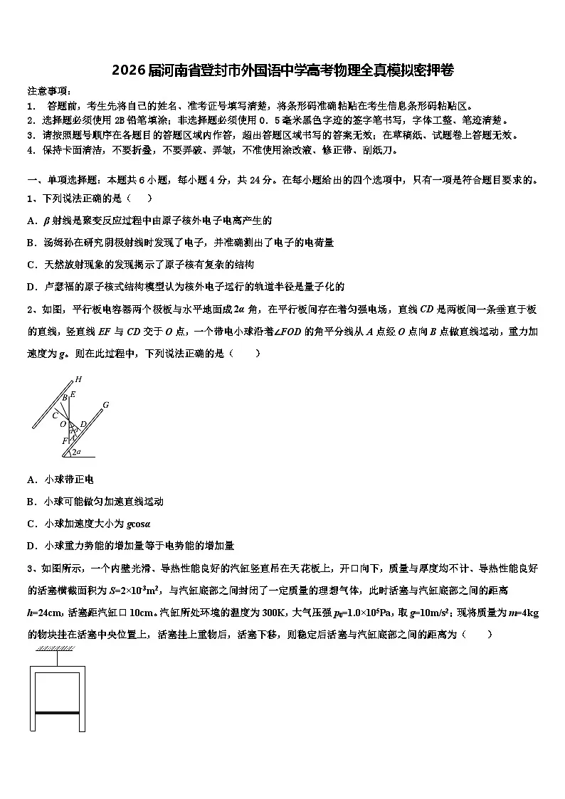2026届河南省登封市外国语中学高考物理全真模拟密押卷含解析第1页
