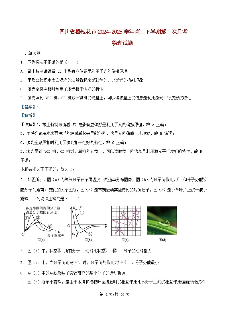 四川省攀枝花市2024_2025学年高二物理下学期第二次月考试题含解析第1页