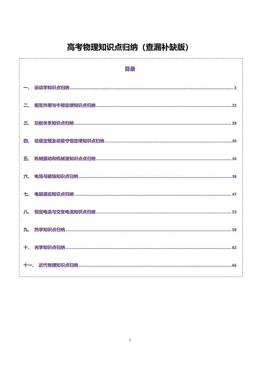 高考物理知识点归纳(查漏补缺版)(共71页)知识清单第1页
