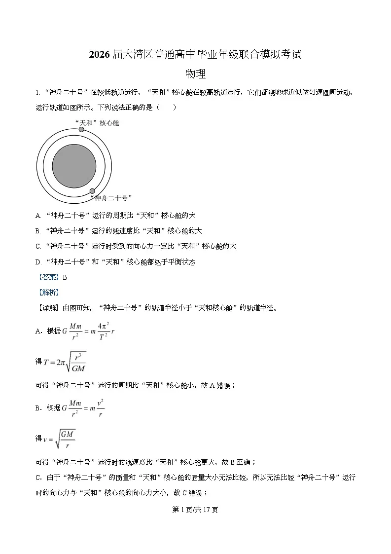 2026届广东省大湾区高三上学期10月联合模拟考试物理试卷 Word版含解析第1页