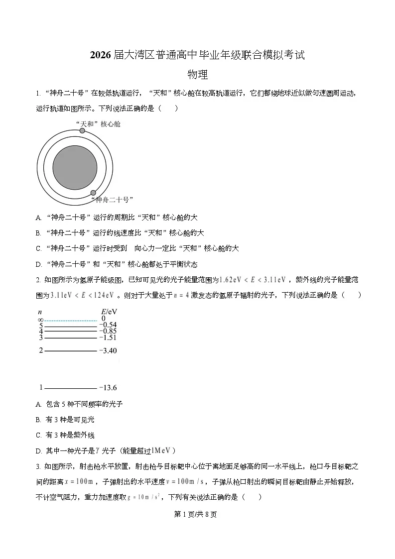 2026届广东省大湾区高三上学期10月联合模拟考试物理试卷(原卷版)第1页