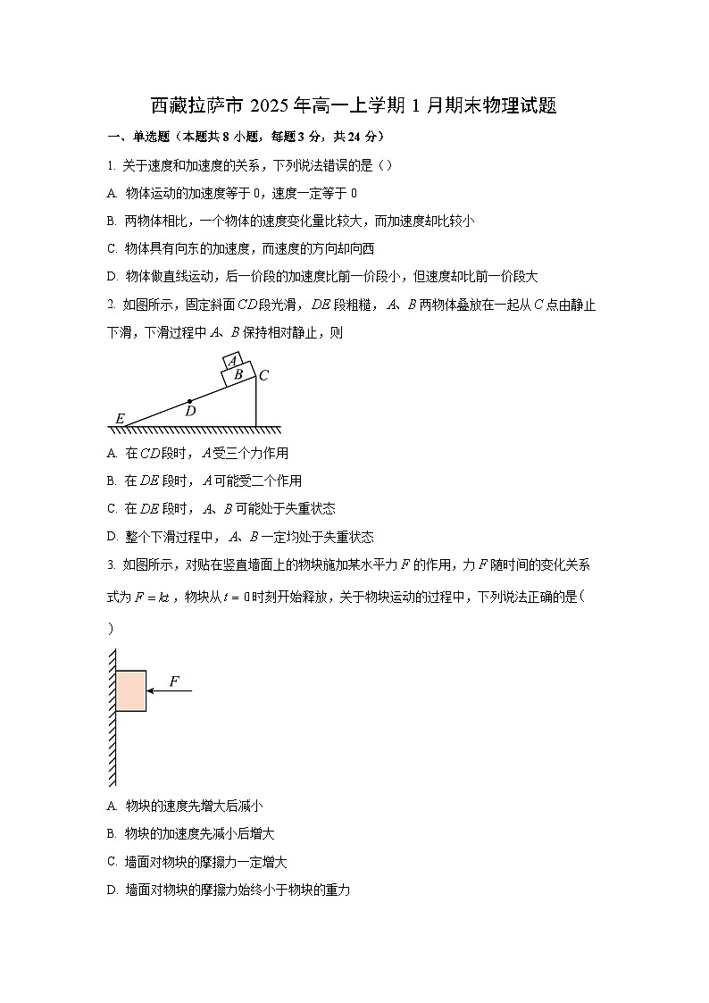 2024-2025学年西藏拉萨市高一上学期1月期末物理试卷(学生版)第1页