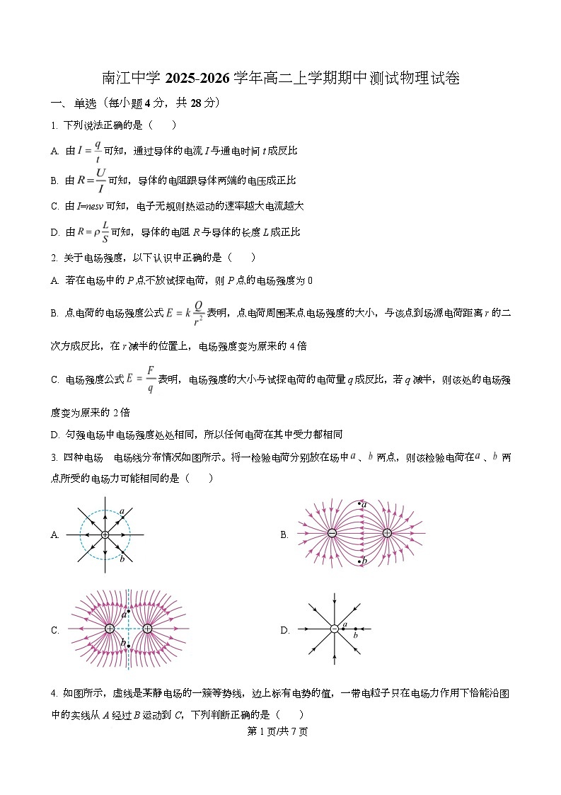 四川省巴中市南江中学2025-2026学年高二上学期期中测试物理试题(原卷版)第1页