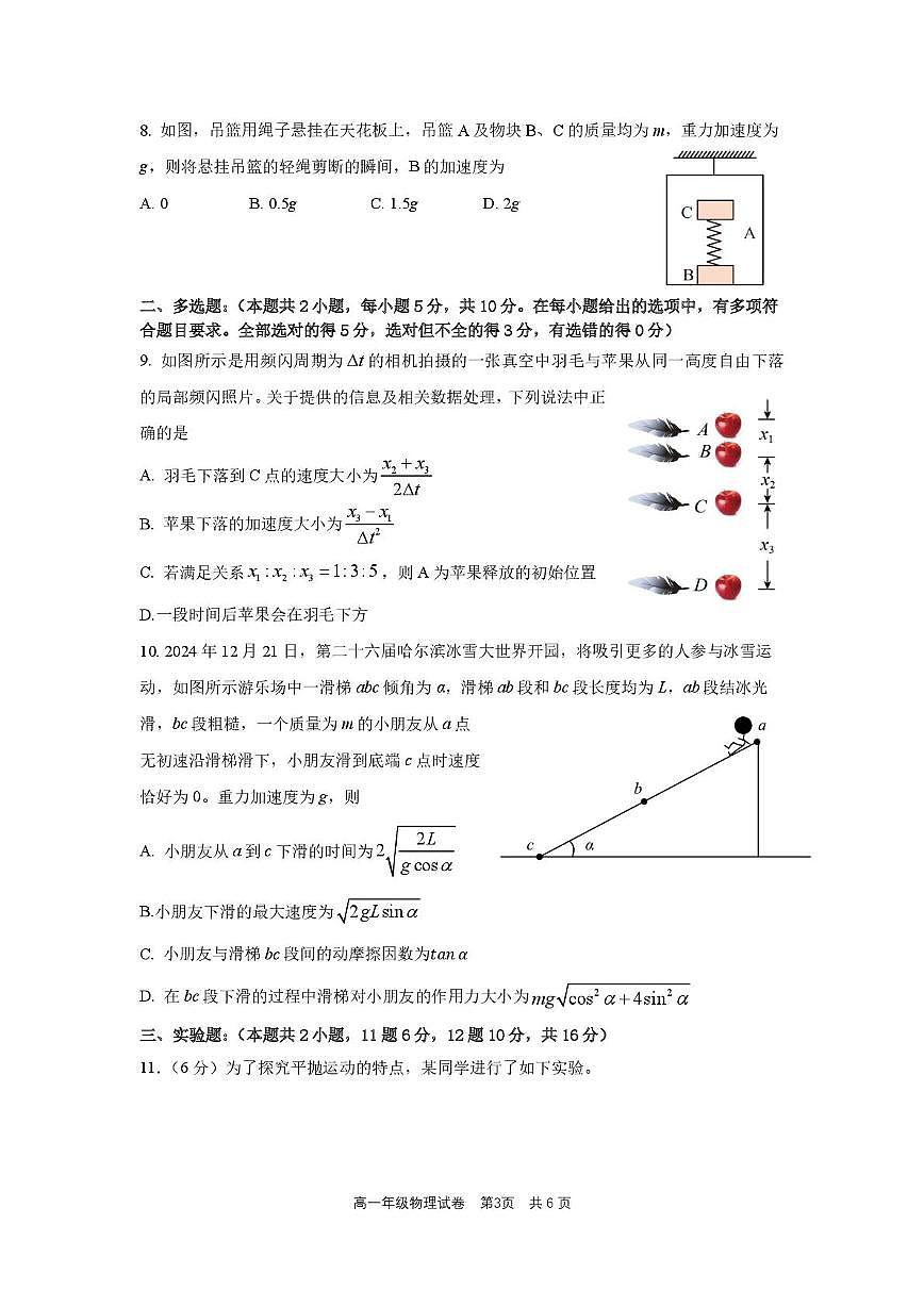 安徽省合肥市六校联盟2024-2025学年高一上学期1月期末考试物理试卷(无答案)第3页