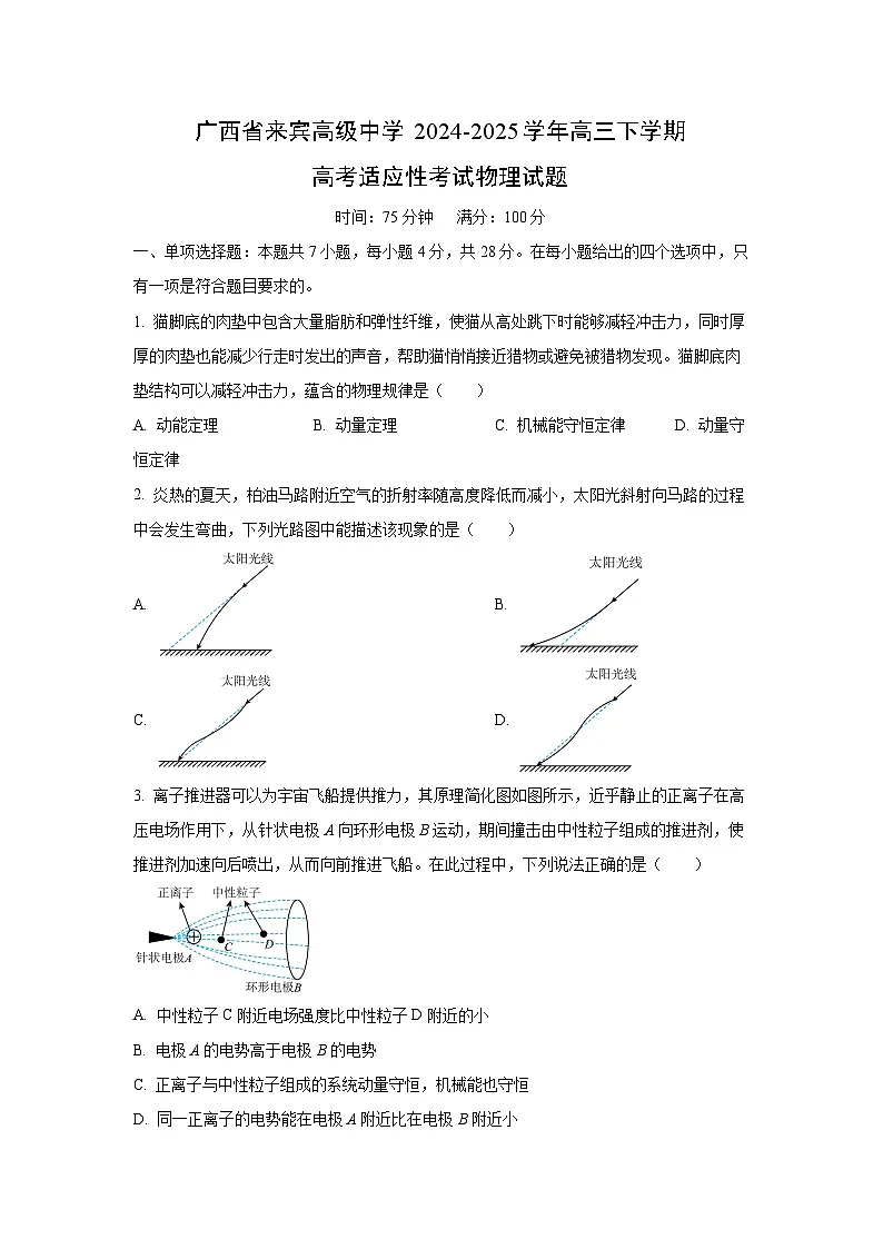 2024-2025学年广西省来宾高级中学高三下学期高考适应性考试物理试卷(学生版)第1页