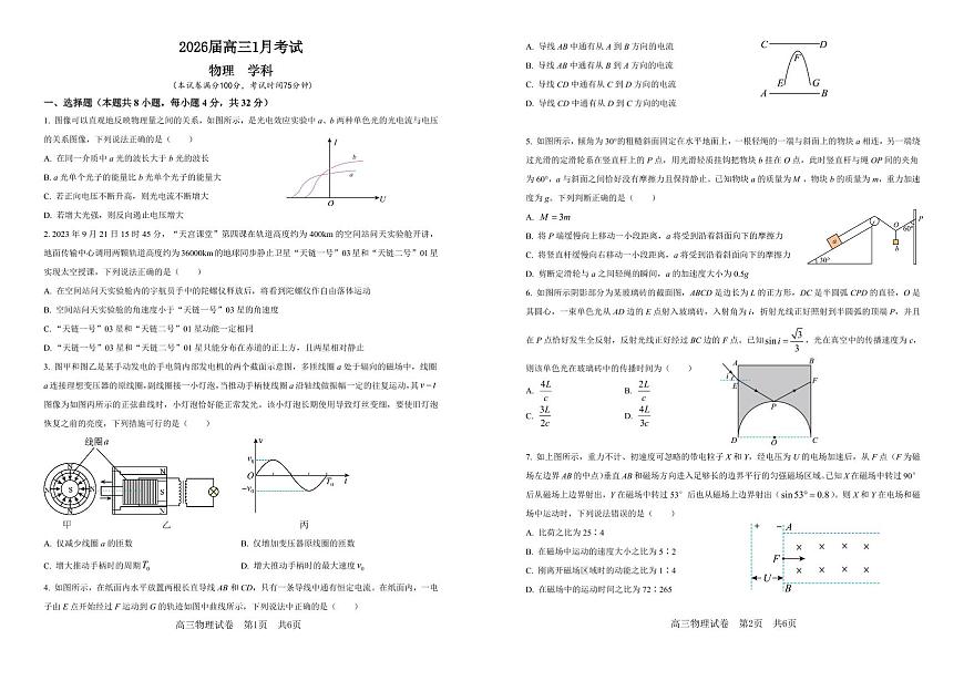 安徽省合肥一中2025-2026学年高三上学期1月考试物理试卷(无答案)第1页