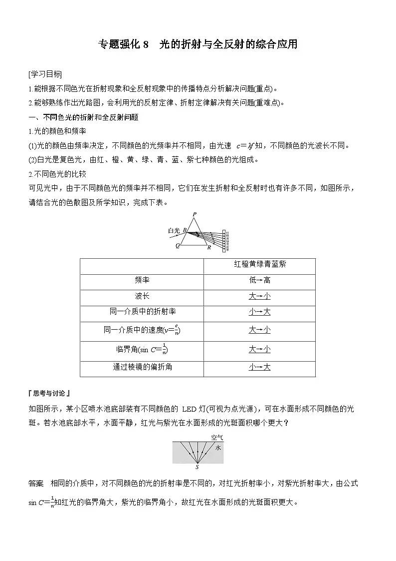物理人教版选择性必修1:第四章 专题强化8 光的折射与全反射的综合应用学案第1页