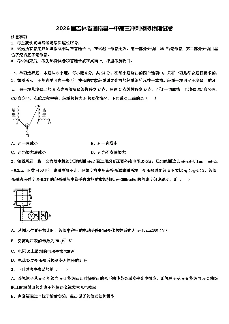 2026届吉林省通榆县一中高三冲刺模拟物理试卷含解析第1页