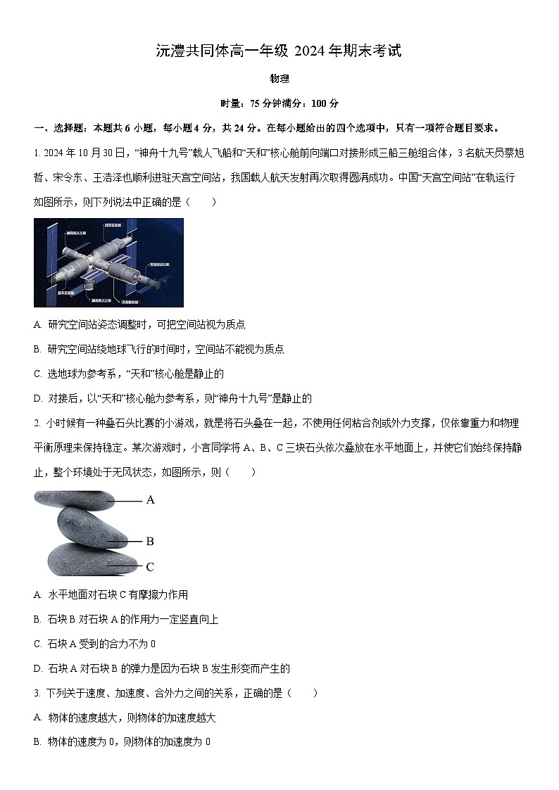 2024-2025学年湖南省沅澧共同体高一上学期期末考试物理试卷(学生版)第1页