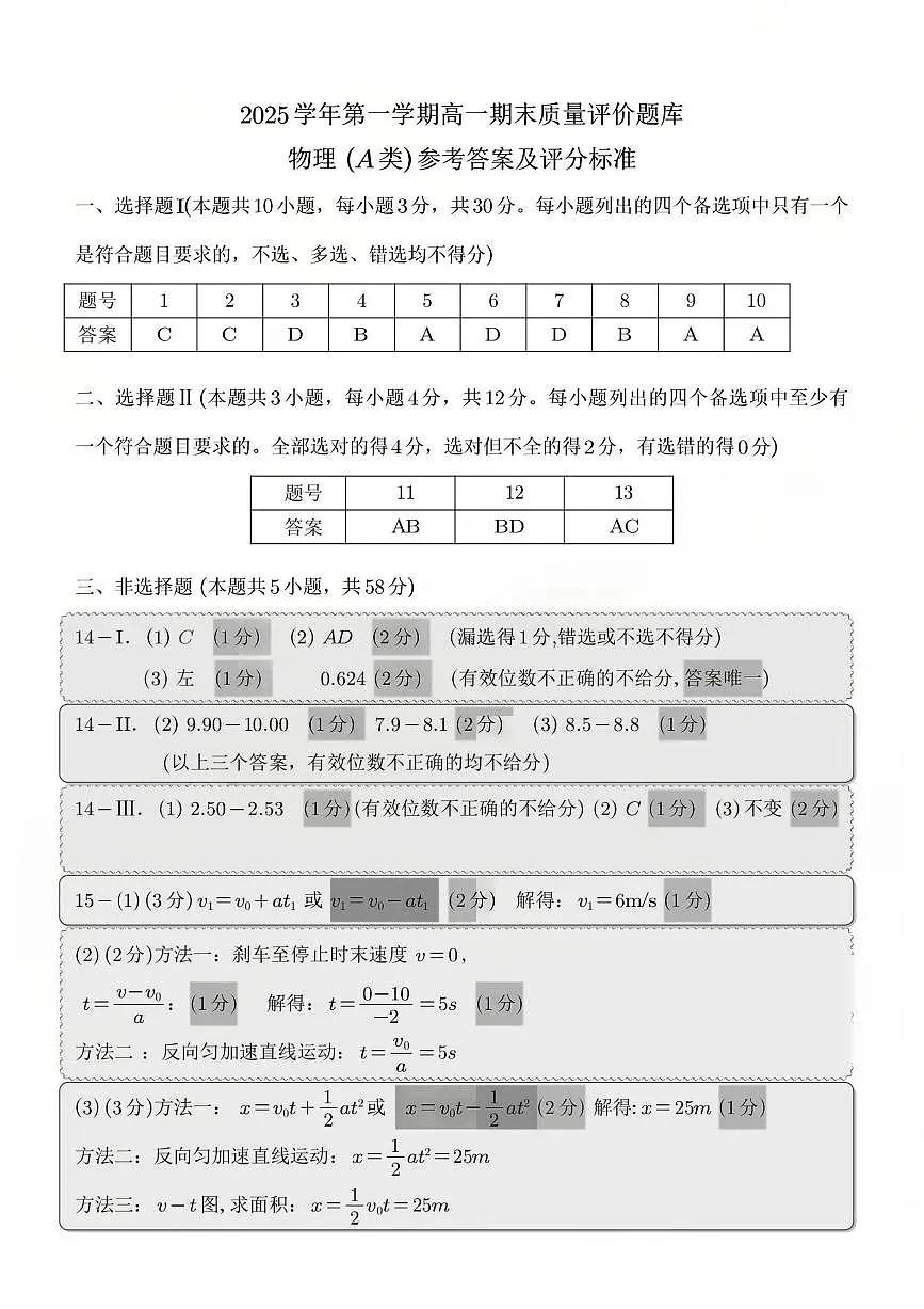 【A类】高一物理-期末质量评价题库参考答案和评分细则第1页