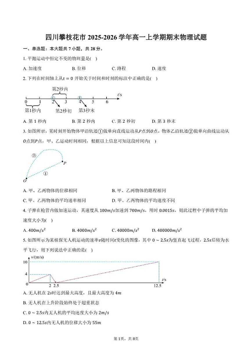 2025-2026学年四川省攀枝花市高一上学期期末物理试卷(含答案)第1页