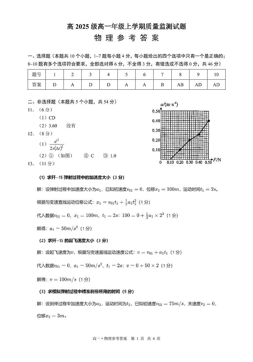 泸州市高2025级高一上学期期末质量监测物理试题(答案)第1页