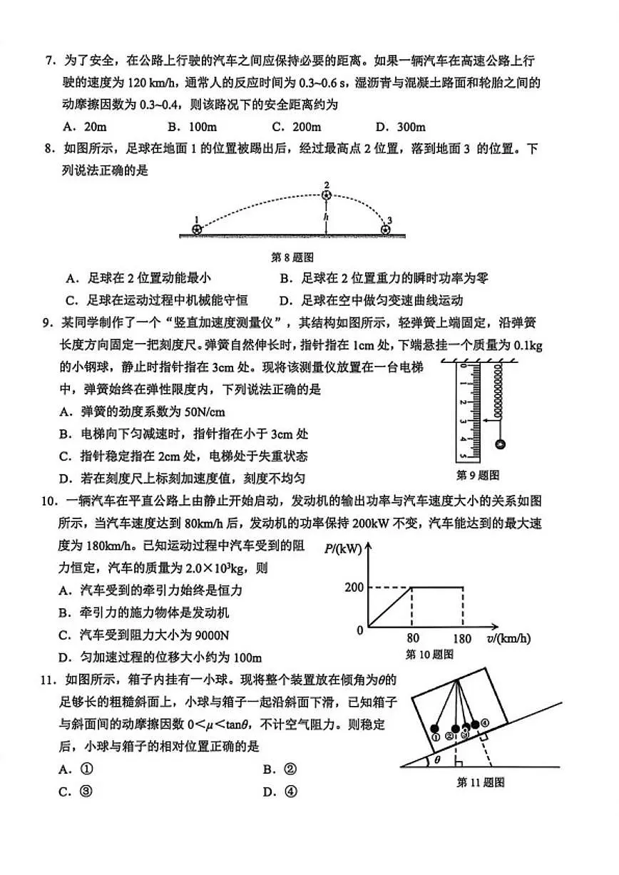 2025-2026学年浙江省台州市高一上学期2月期末物理试题(含答案)第2页