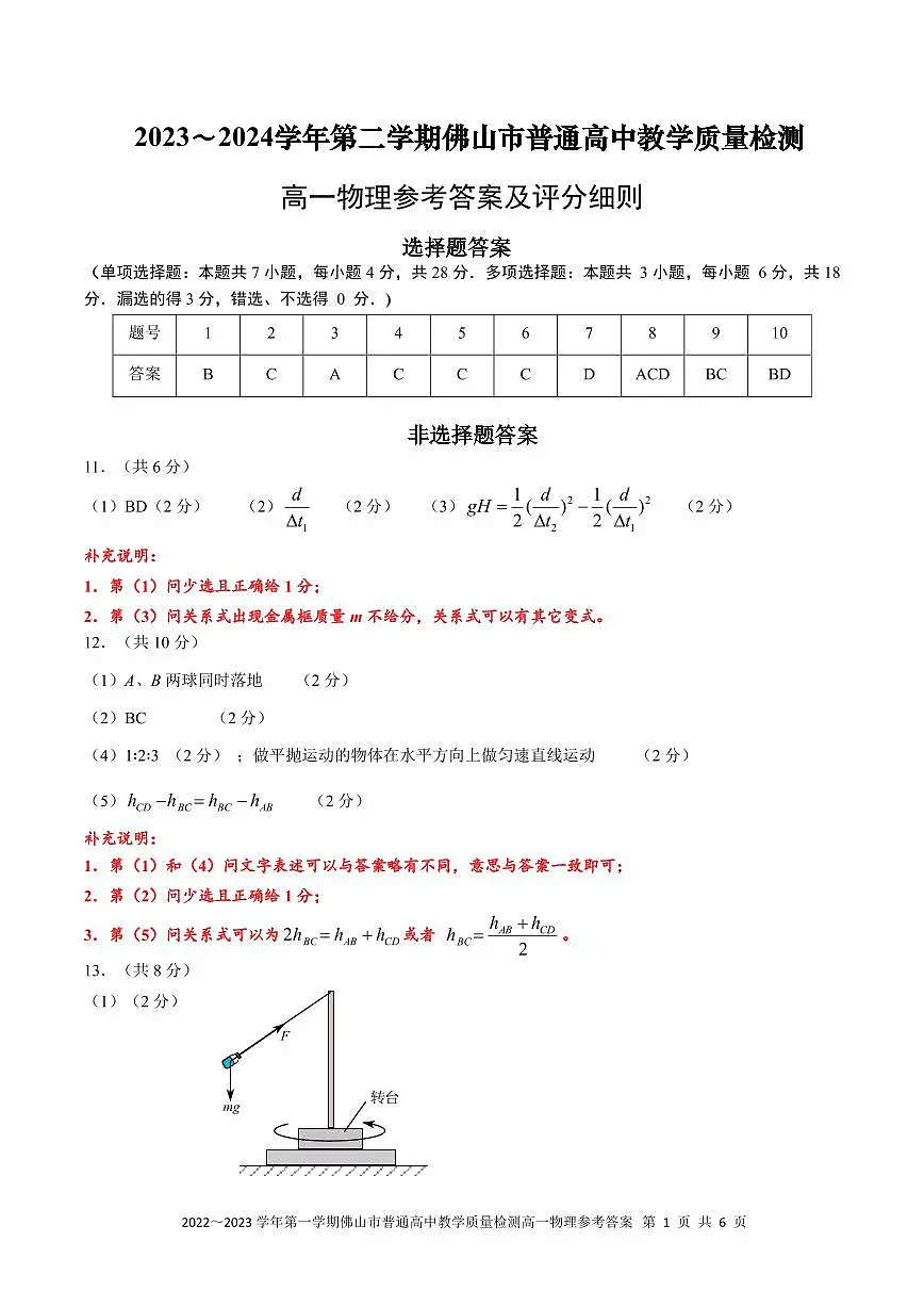 (有修改)2023~2024学年第二学期高一物理参考答案及评分细则(阅卷版)第1页