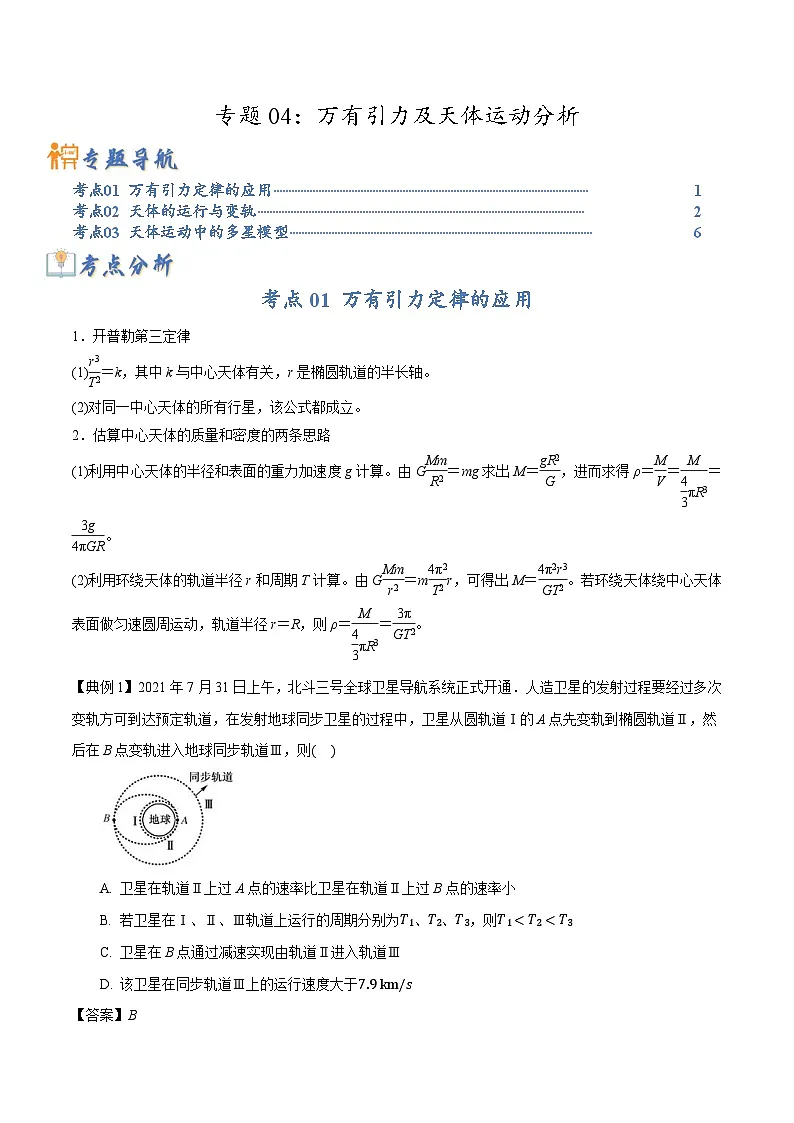 高考物理二轮复习热点题型归纳与变式演练专题04:万有引力及天体运动分析(原卷版)第1页