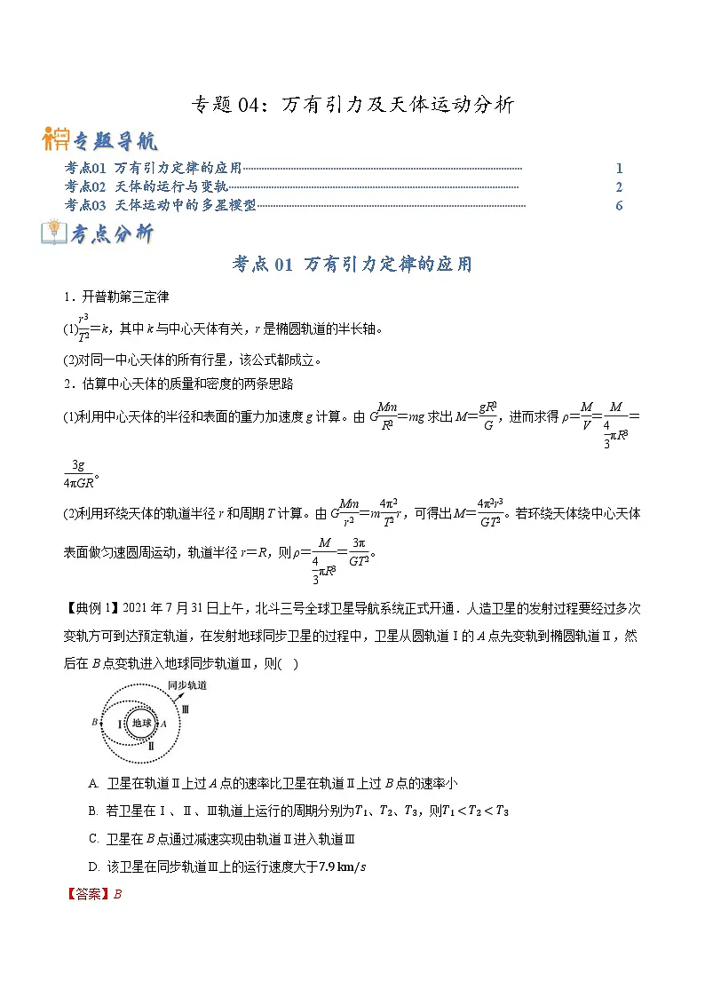高考物理二轮复习热点题型归纳与变式演练专题04:万有引力及天体运动分析(解析版)第1页
