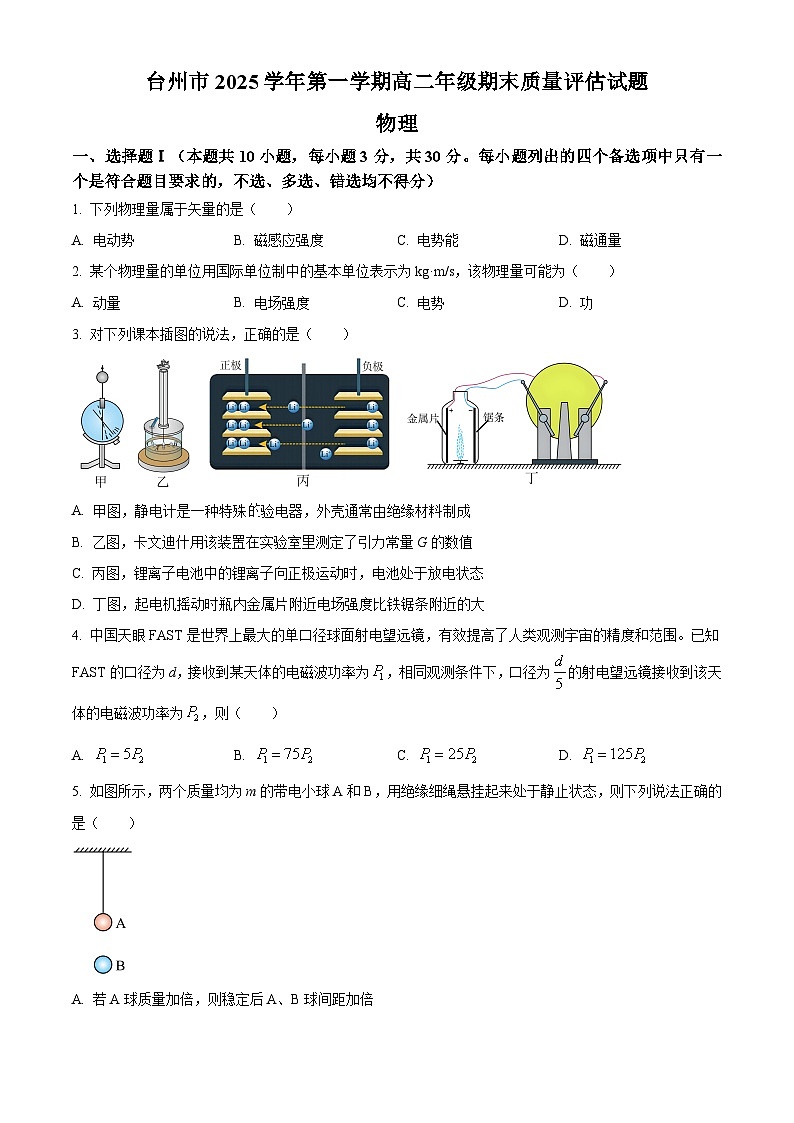 浙江台州市2025-2026学年高二上学期期末质量评估物理试题 Word版无答案第1页
