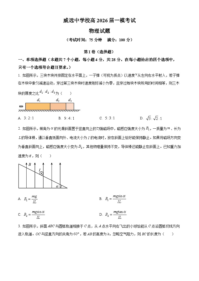 2026年四川省内江市威远县威远中学一模物理试题(原卷版)第1页