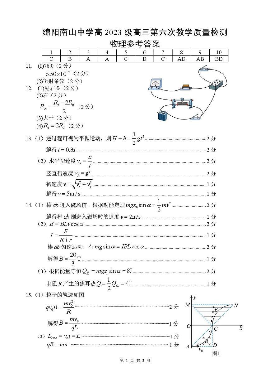 2026届四川绵阳南山中学高三下学期模拟预测物理答案第1页