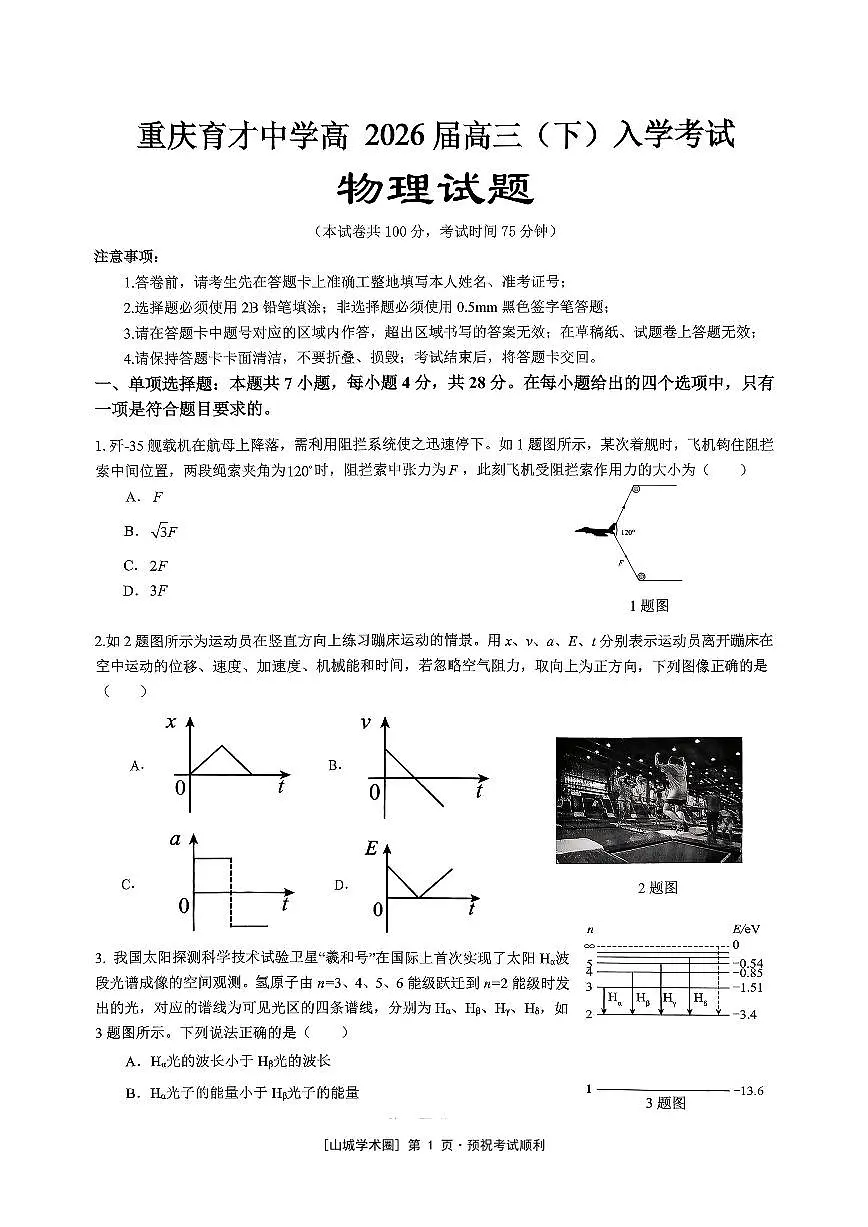 重庆育才中学高2026届高三(下)入学考试 物理第1页