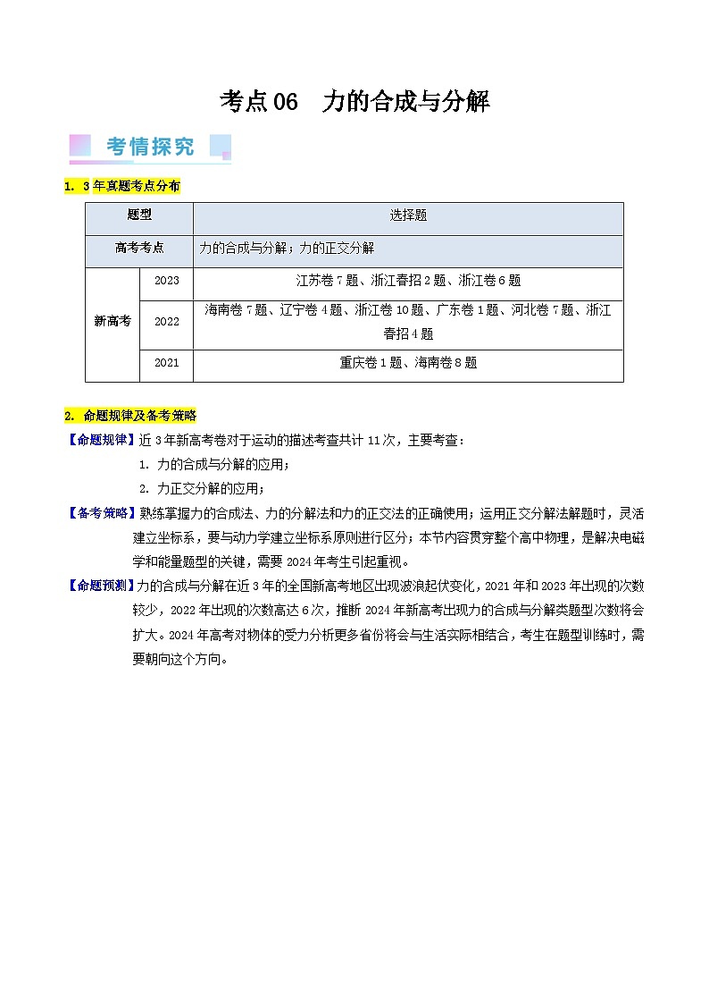 高考物理一轮复习考点精讲精练考点06 力的合成与分解(原卷版)第1页