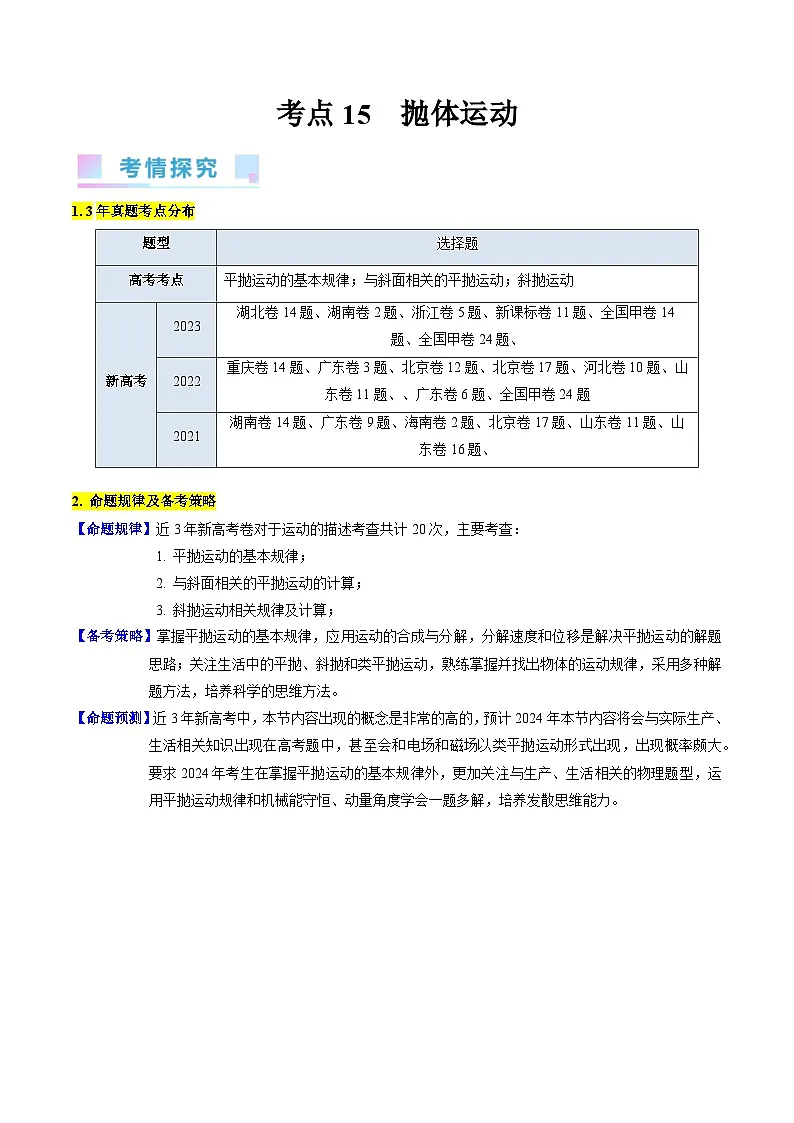 高考物理一轮复习考点精讲精练考点15 抛体运动(原卷版)第1页