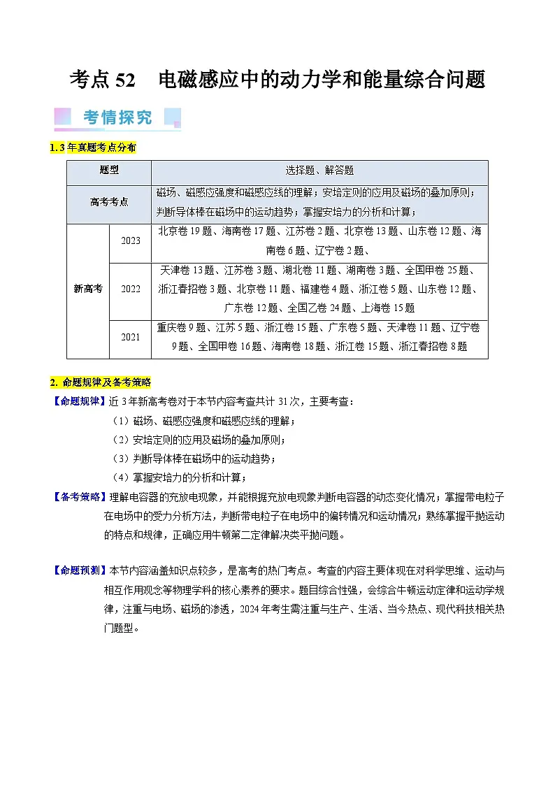 高考物理一轮复习考点精讲精练考点52 电磁感应中的动力学和能量综合问题(原卷版)第1页