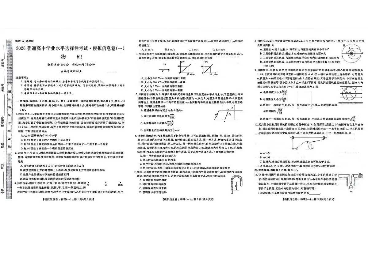 2026年全国普通高中学业水平选择性高考模拟信息卷一物理试题无答案第1页