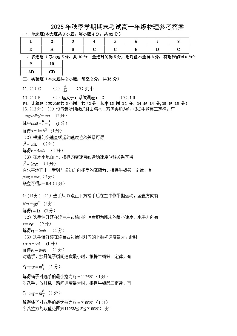 2025年秋季学期期末考试高一年级物理答案第1页