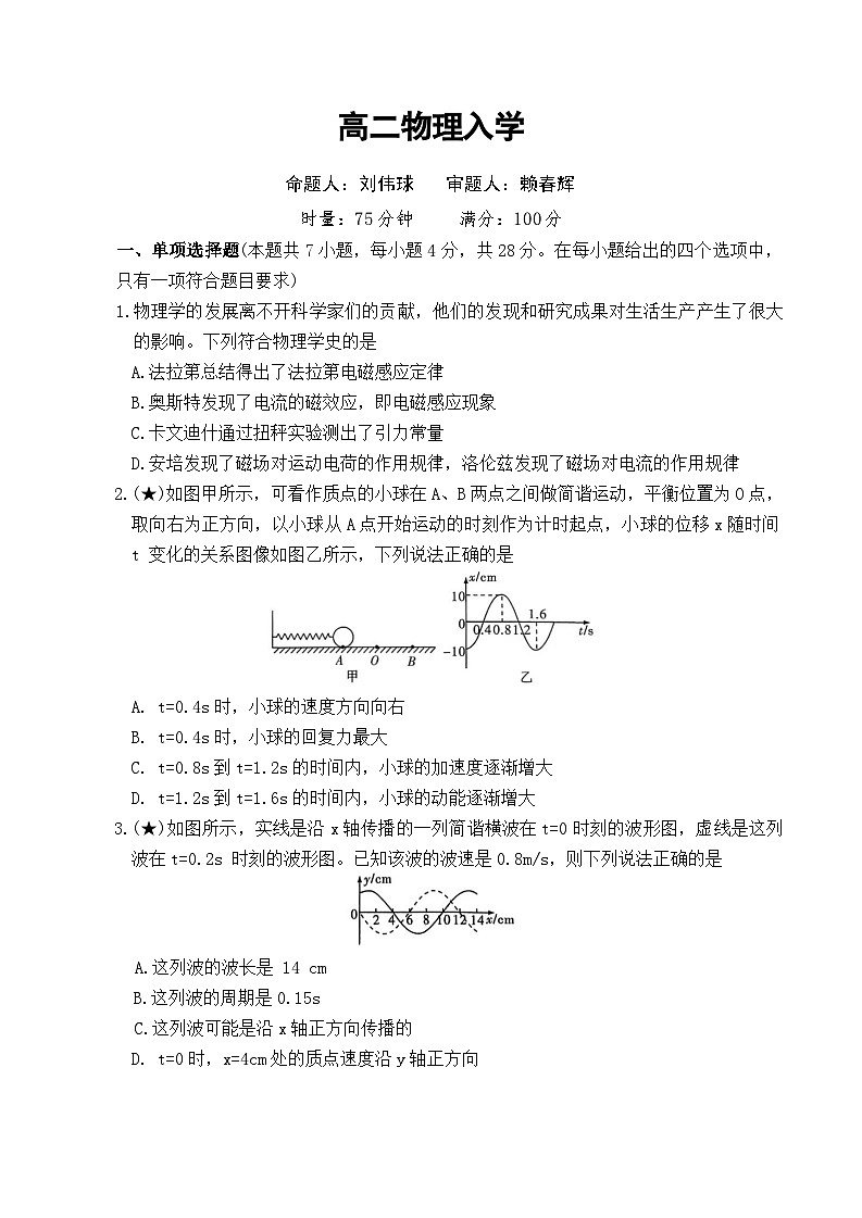 长沙市一中_高二物理入学试卷第1页