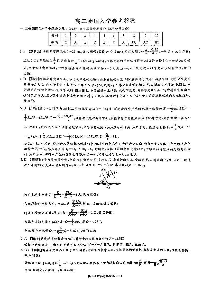 高二物理入学参考答案第1页