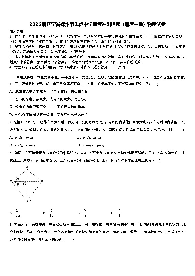 2026届辽宁省锦州市重点中学高考冲刺押题(最后一卷)物理试卷含解析第1页