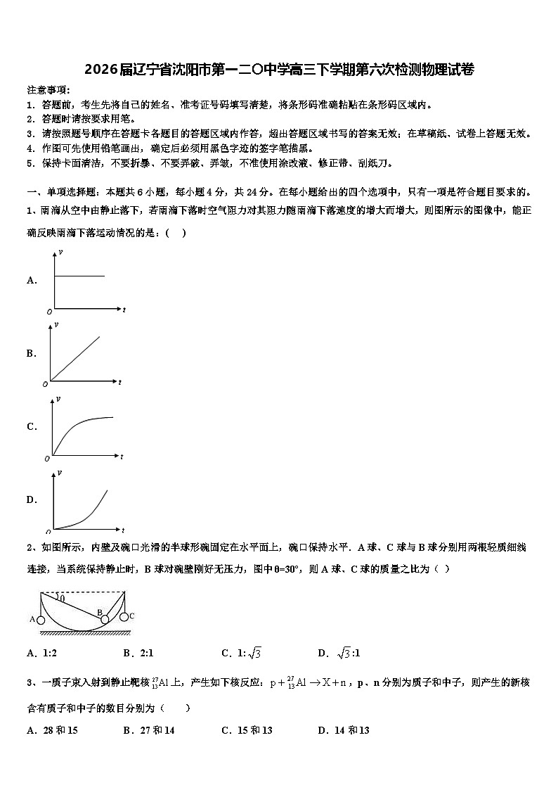 2026届辽宁省沈阳市第一二〇中学高三下学期第六次检测物理试卷含解析第1页