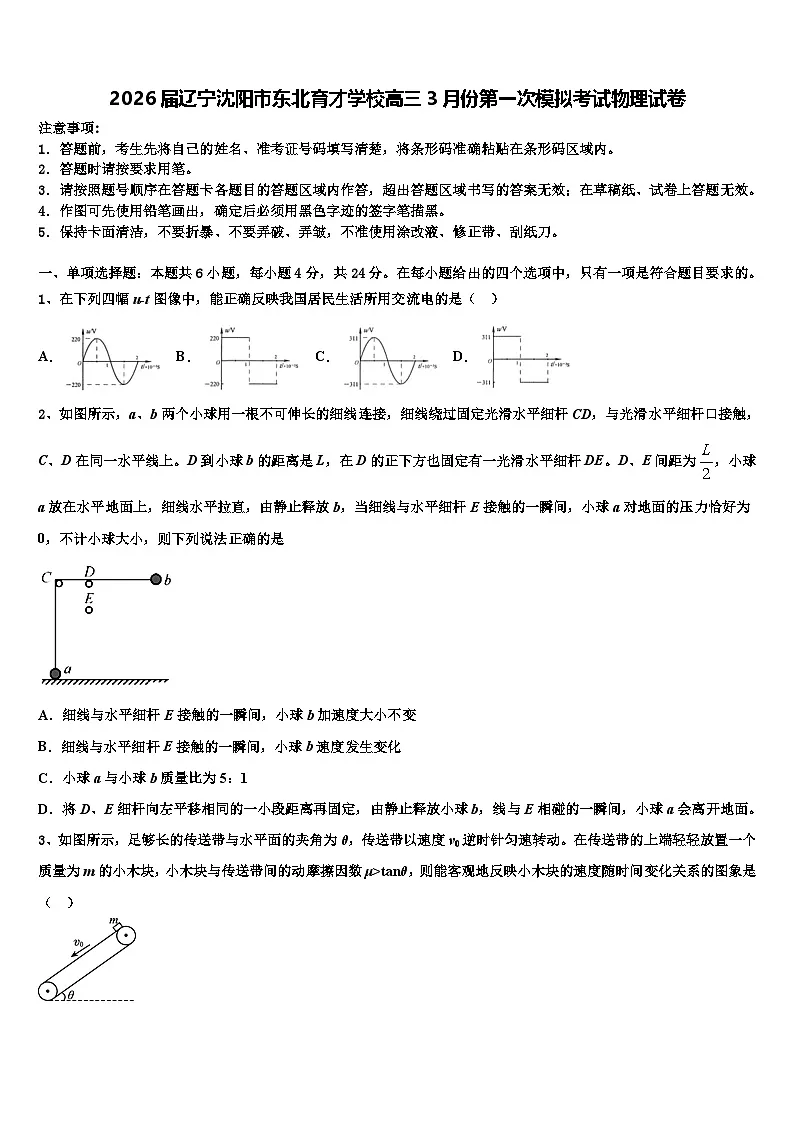 2026届辽宁沈阳市东北育才学校高三3月份第一次模拟考试物理试卷含解析第1页