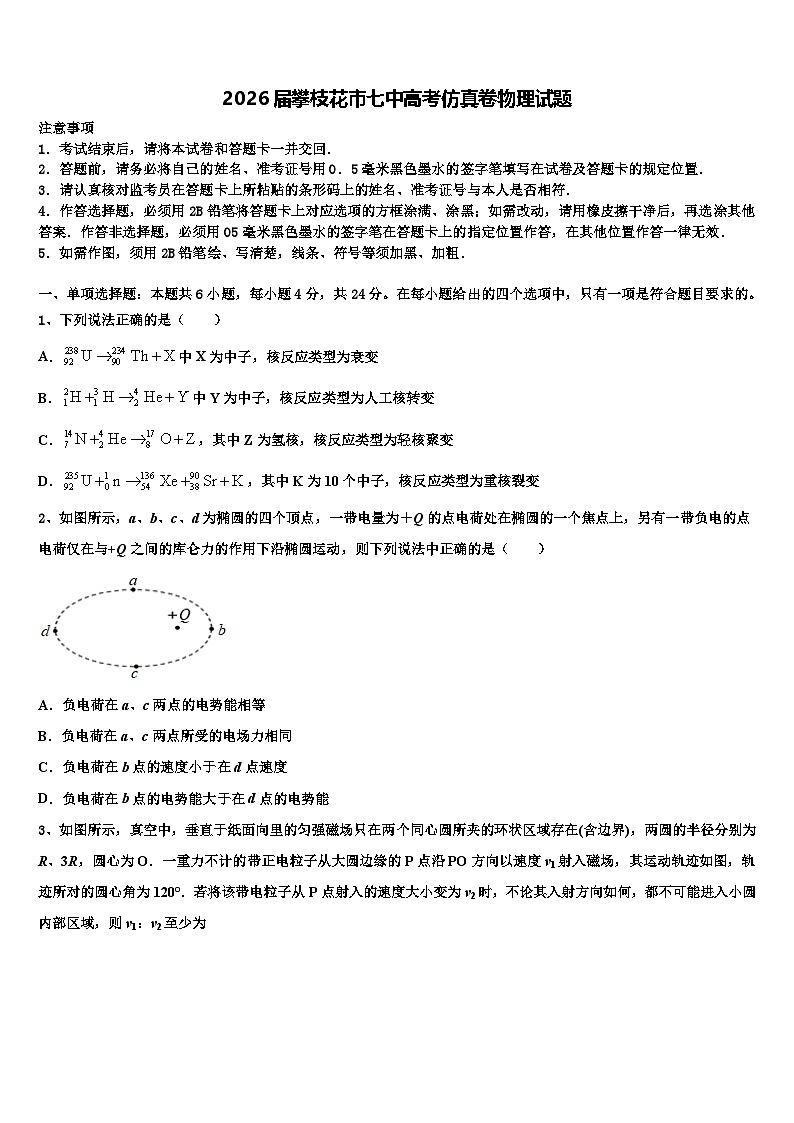 2026届攀枝花市七中高考仿真卷物理试题含解析第1页