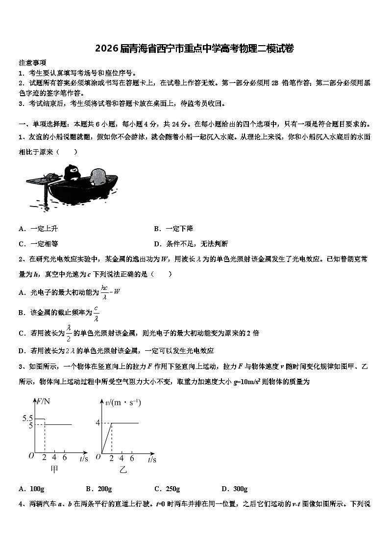 2026届青海省西宁市重点中学高考物理二模试卷含解析第1页