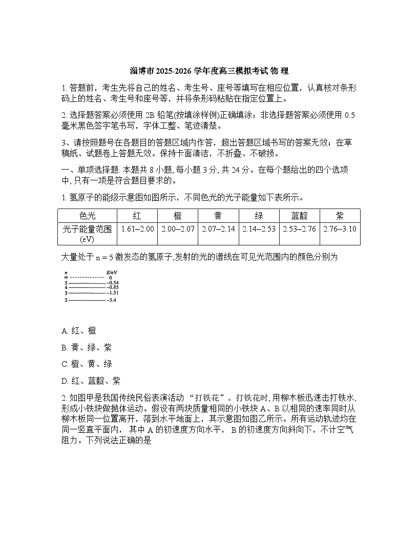 山东省淄博市2026年高三高考一模物理试题含答案第1页