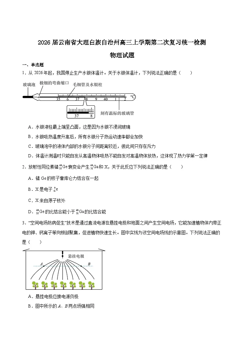 云南省大理白族自治州2026届高三上学期第二次复习统一检测物理试题(Word版附答案)第1页