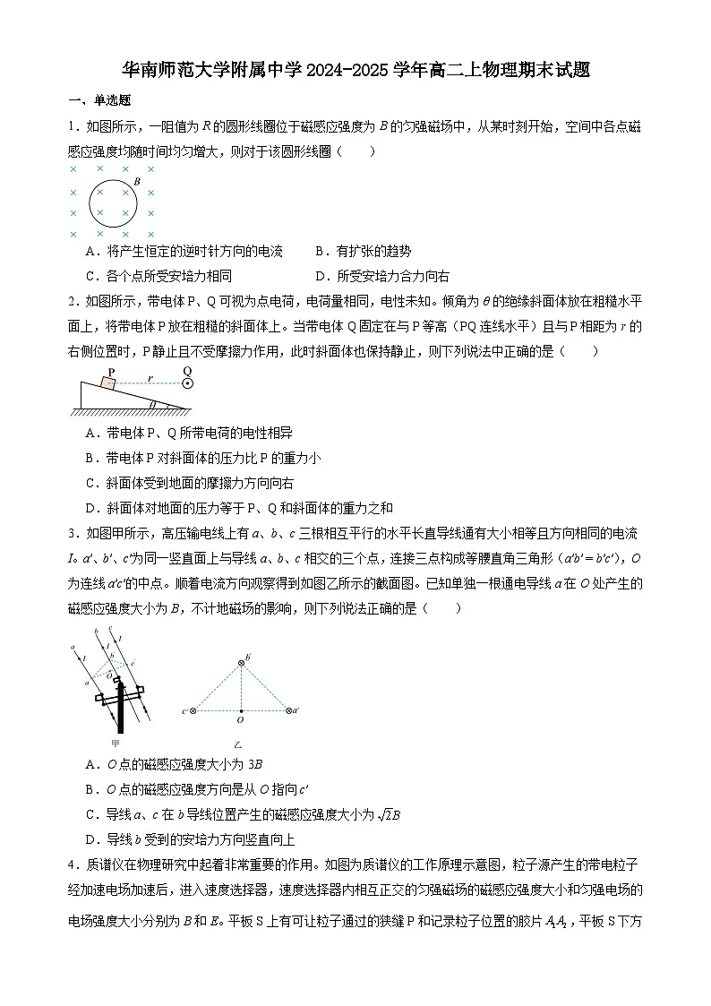 广东省广州市华南师范大学附属中学高二上学期期末物理试题-A4第1页