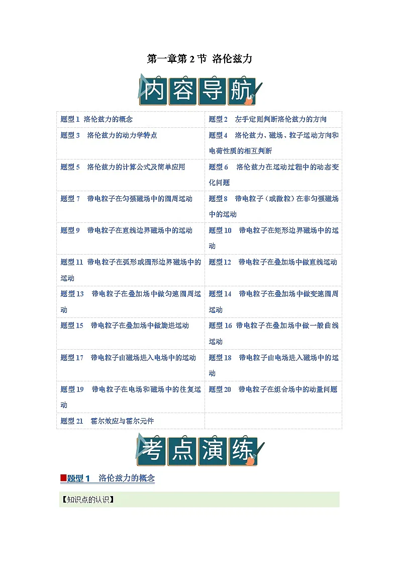 第一章第3节 洛伦兹力 高中物理选择性必修二同步复习讲义(教科版2019)(解析版)第1页