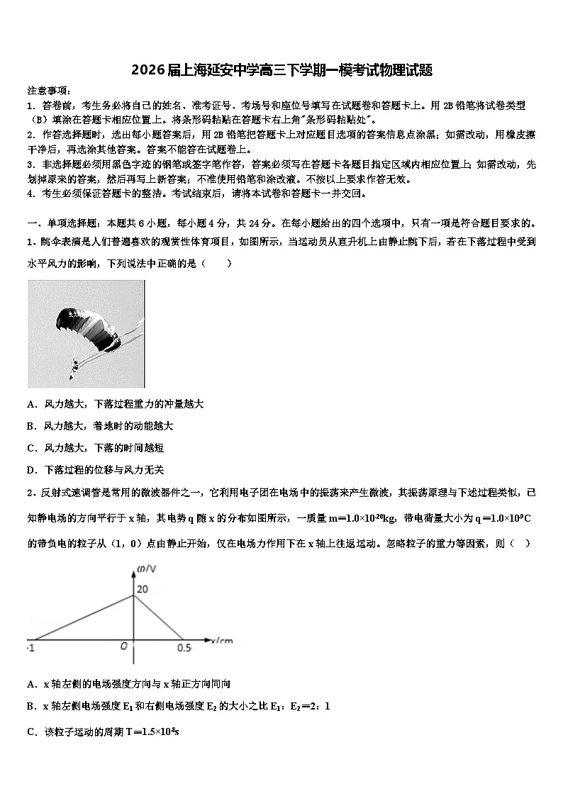 2026届上海延安中学高三下学期一模考试物理试题含解析第1页