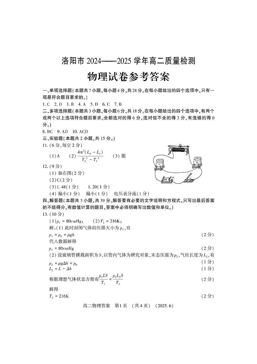 洛阳2024-2025学年6月高二质量检测-物理答案第1页