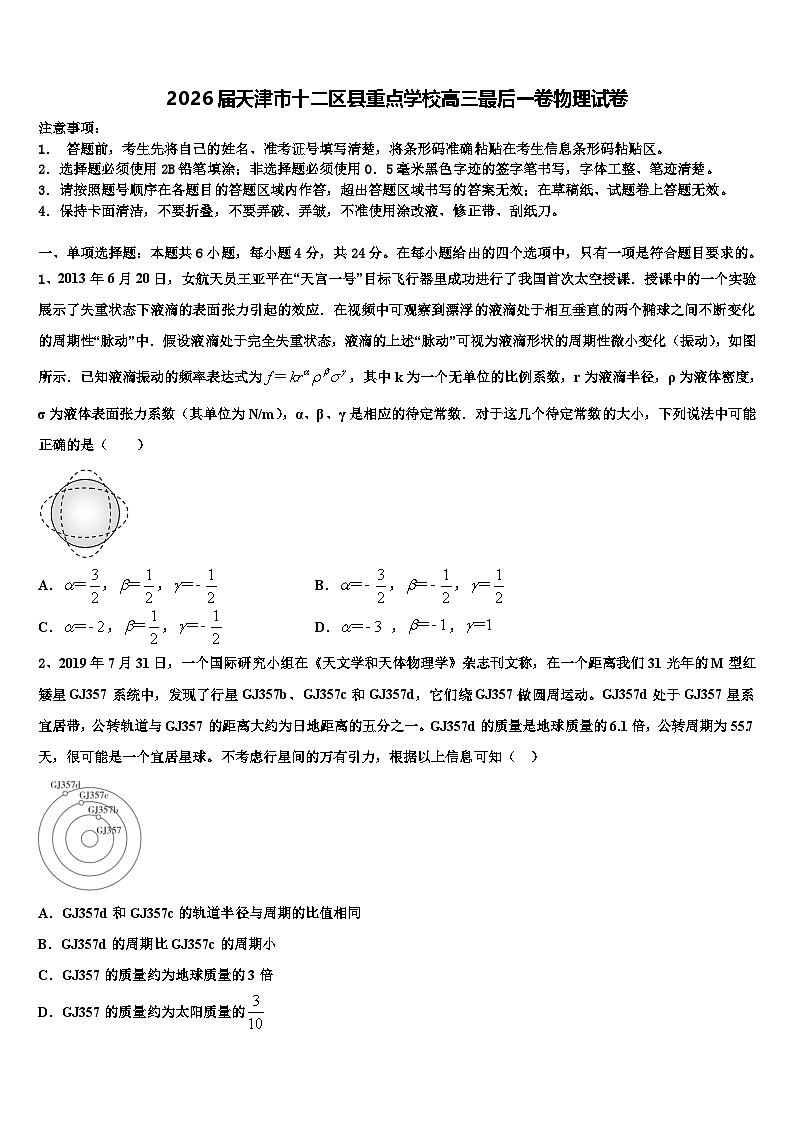 2026届天津市十二区县重点学校高三最后一卷物理试卷含解析第1页