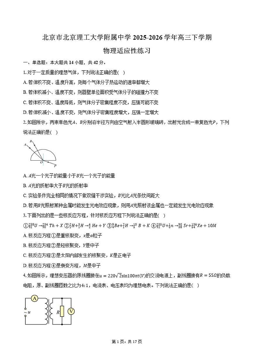 北京市北京理工大学附属中学2025-2026学年高三下学期物理适应性练习(含答案)第1页
