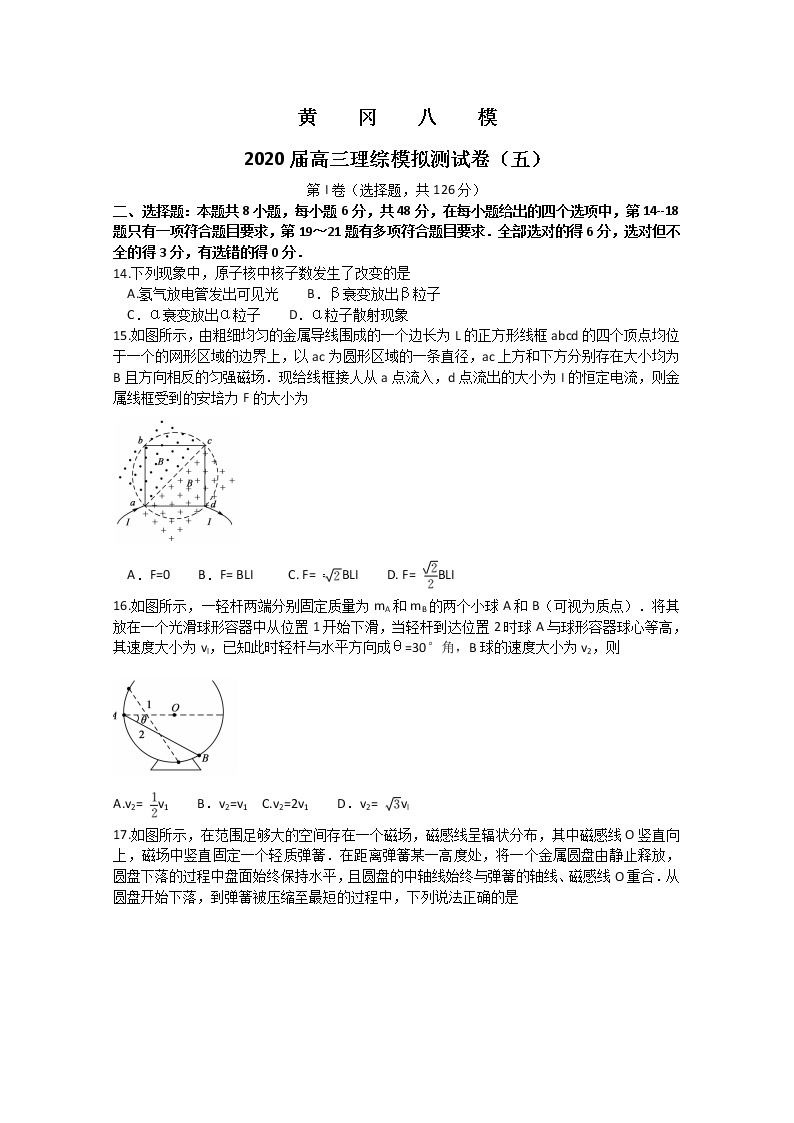 湖北省黄冈八模系列2020届高三模拟测试（五）物理试题01