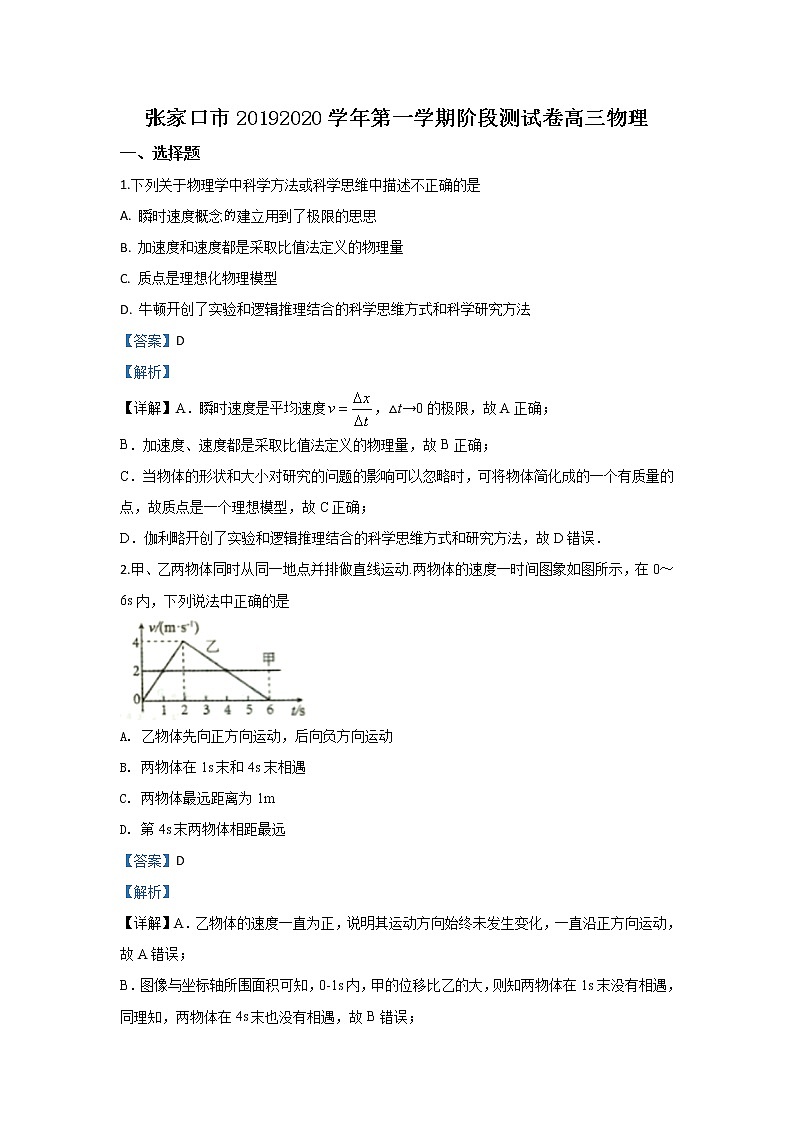 河北省张家口市2020届高三上学期10月阶段检测物理试题第1页